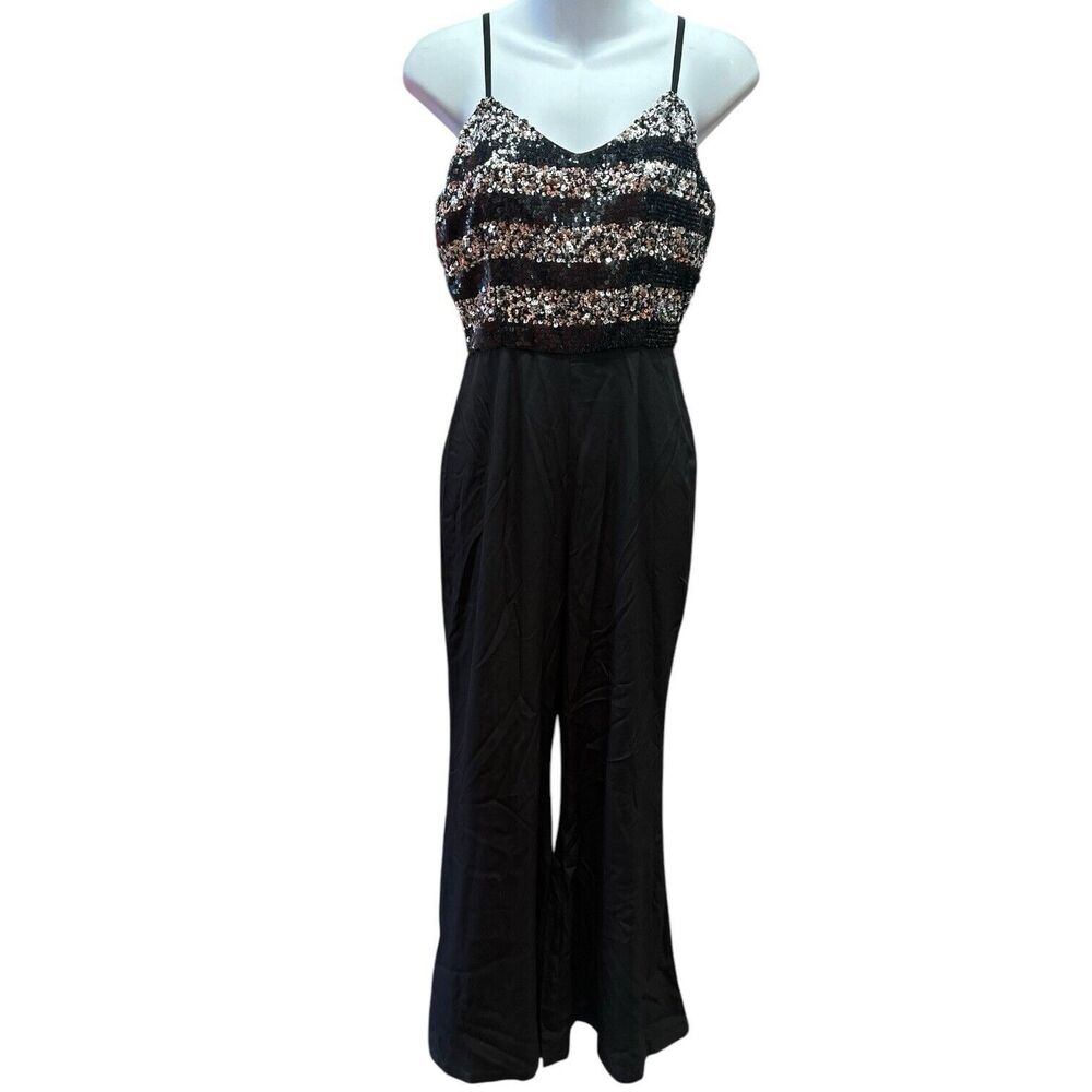 Chaudry Jumpsuit Womens Small Black Silver Sequin Stripes Flare Leg One Piece